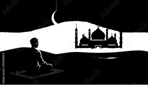 Islamic night prayer mosque silhouette vector art