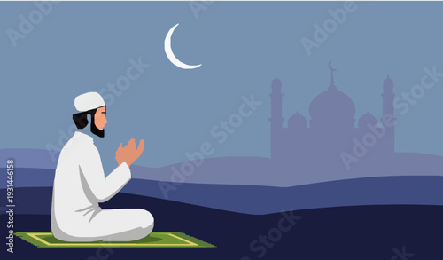 Muslim man praying at night mosque desert vector illustration