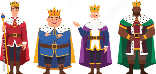 Royal King Character Set Featuring Four Diverse Monarchs in Traditional Robes and Crowns for Storytelling, Medieval Themed Designs, and Educational Fantasy Illustrations