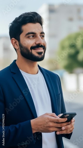 Young Man in Blue Blazer Texting on Smartphone Outdoors, Smiling and Looking Away