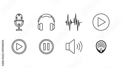Audio Icons: Microphone Headphones Sound Wave Play Pause Speaker Location PinLine Art