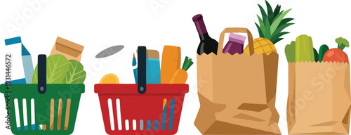 Grocery Shopping Vector Illustration with Baskets and Paper Bags Filled with Food and Fresh Produce