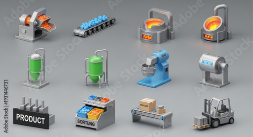 Collection of Industrial Manufacturing Factory Equipment Icons.