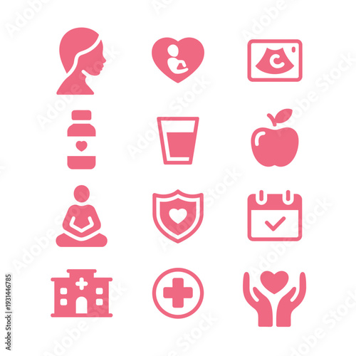Prenatal Wellness Symbols: A collection of minimalist pink icons representing key aspects of prenatal care, including health, nutrition, and emotional support.