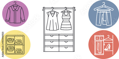 Fashionable clothing and accessories in a minimalist wardrobe illustration with icons