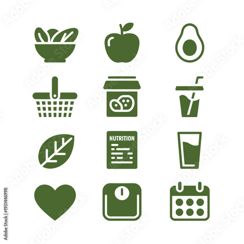 Healthy Eating Icons: A collection of icons representing a balanced diet, showcasing fresh produce, nutritional information, and a healthy lifestyle. 