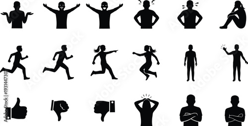 Set of people silhouette vector icons showing men women and family figures in different poses