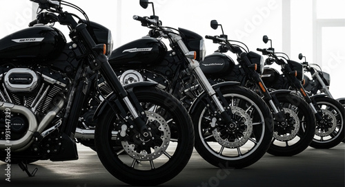 Row of black motorcycles parked in a showroom ready for sale.