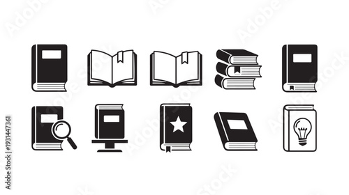 Book Icons Collection: Open Closed Stacked Magnifying Glass Lightbulb Star