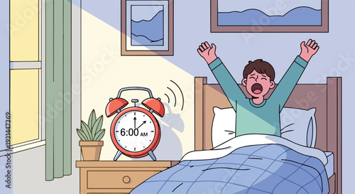 Young Man Waking Up Early at 6 AM to Start a Productive Morning Routine and Daily Goals