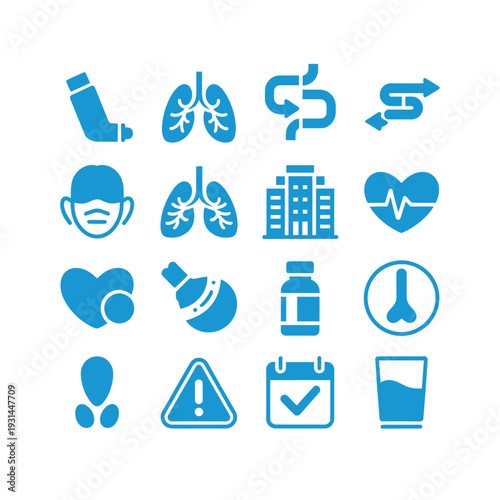 Healthcare Icons: A collection of concise, blue icons representing various aspects of healthcare. The set includes images of lungs, inhalers, hearts, pills, and other related symbols.