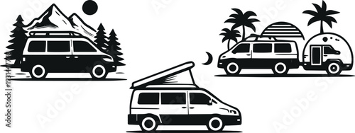Camper Van Camping Adventure Set with Pop Up Roof Van, Mountain Landscape and Caravan Trailer Travel Icons