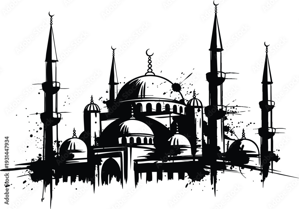 Fototapeta premium Stylized Mosque Silhouette with Minarets, Abstract Islamic Architecture Ink Illustration, Expressive Mosque Skyline Graphic, vector, illustration, silhouette.