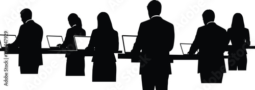 Business people silhouettes working on laptops at standing desks isolated on white background corporate teamwork vector illustration