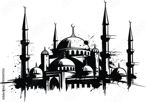 Stylized Mosque Silhouette with Minarets, Abstract Islamic Architecture Ink Illustration, Expressive Mosque Skyline Graphic, vector, illustration, silhouette.