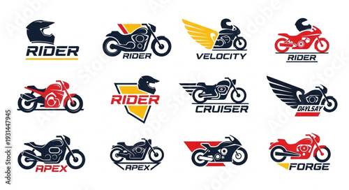 Collection of motorcycle logos and emblems with riders.