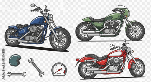 Collection of three vintage motorcycles and accessories.