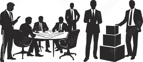 Black Silhouette Collection Of Professional Businessmen In Formal Suits Conducting A Corporate Meeting Around A Table And Standing Next To Stacked Boxes