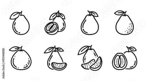 Citrus Fruit Icons Set: Whole and Sliced Pears Oranges Pomelos Grapefruits Stock Vector