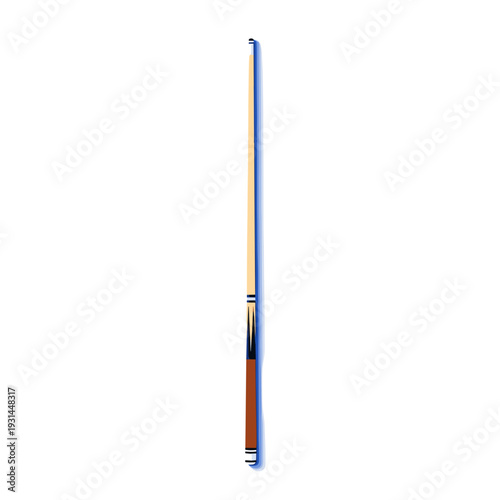 Billiard cue stick with wood handle and blue tip on white background  