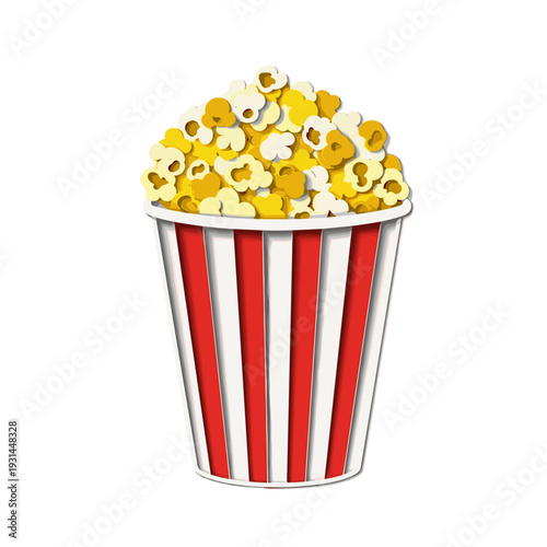 Popcorn bucket filled with yellow popcorn on white background  