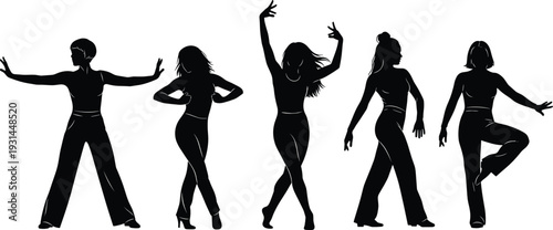 Collection of dancing women silhouettes in stylish poses isolated on white background modern female lifestyle vector illustration