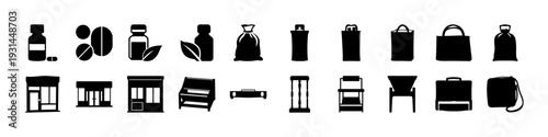 Furniture and Home Decor Silhouette Icon Set - Black silhouette icon collection featuring sofas, chairs, beds, cabinets, bags, and home furniture elements for interior design and decor concepts.