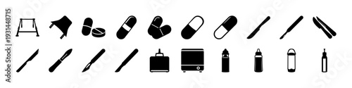 Medical Supplies and Injection Equipment Icon Set - Black silhouette icon collection featuring syringes, capsules, medical bottles, and healthcare tools for pharmaceutical, hospital, and treatment con