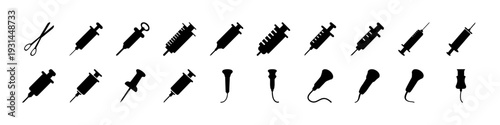 Syringe and Medical Injection Silhouette Icon Collection - Black silhouette icon set featuring syringes and curved medical needles in various angles, ideal for healthcare, vaccination, and clinical tr