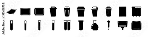 Bar and Drinkware Silhouette Icon Set - Black silhouette icon collection featuring bar equipment, cocktail glasses, beer mugs, and beverage containers for nightlife, restaurant, and hospitality concep