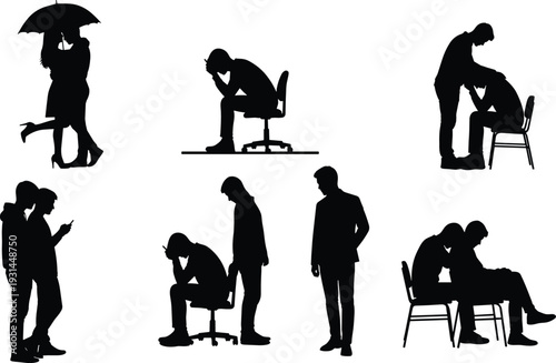 Couple and man emotional stress silhouettes in different situations isolated on white background relationship concept vector illustration