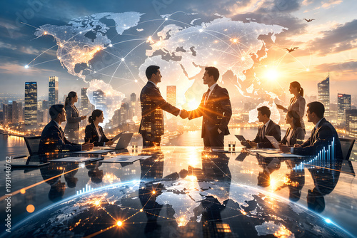 Corporate executives shaking hands during meeting with city skyline overlay, symbolizing partnership, teamwork, and global business success.