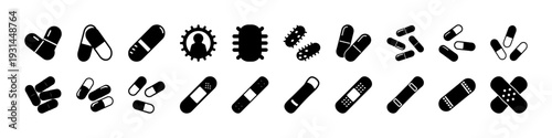Medical Pills and Capsules Silhouette Icon Set - Black silhouette icon collection featuring various pills, capsules, tablets, and pharmaceutical symbols for healthcare and medicine concepts.