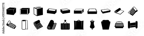 Retail Store and Shopping Bag Silhouette Icon Set - Black silhouette icon collection featuring retail stores, shopping bags, display stands, and commercial buildings for ecommerce and shopping concept