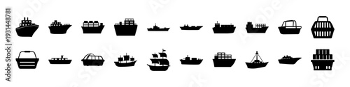 Ship and Boat Silhouette Icon Collection - Black silhouette icon set featuring various ships, boats, tankers, and cargo vessels, ideal for maritime transport, shipping, and naval concepts.