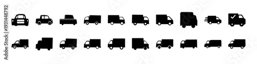 Commercial Delivery Van and Truck Icon Set - Black silhouette icon collection featuring delivery vans, cargo trucks, and commercial transport vehicles in side view for logistics and shipping concepts.