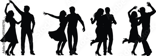 Couple dancing silhouettes in romantic and party poses isolated on white background celebration vector illustration