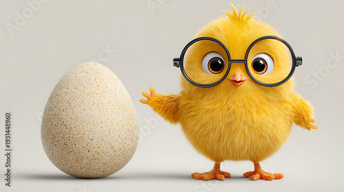yellow chicken wearing glasses with easter egg on white background
