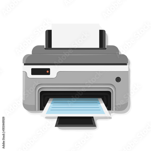 Printer with printed paper coming out in modern flat design  