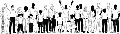 Diverse community group of people standing together silhouettes isolated on white background unity and diversity vector illustration