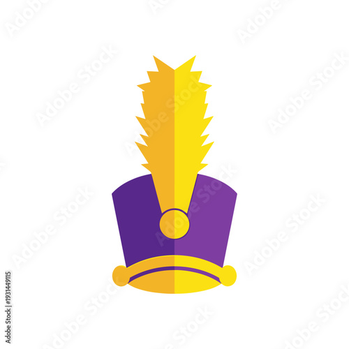 Colorful marching band hat with yellow plume isolated on white background, featuring vibrant purple and yellow design