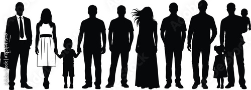 Family group silhouettes with parents and children standing together isolated on white background unity vector illustration