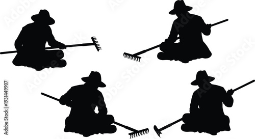 Farmer sitting with rake in different poses silhouette isolated on white background agriculture vector illustration