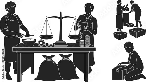 Black Silhouette Collection Of Workers Weighing Food On Scales Packing Boxes And Handling Large Sacks For Industrial Processing Logistics And Commercial Markets