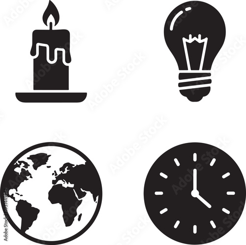 Four black icons representing time and illumination in silhouette style