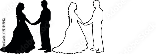 Bride and groom wedding couple silhouette and outline vector illustration