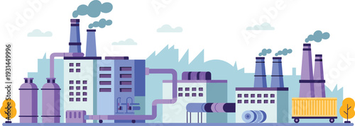 Flat Vector Illustration Of A Large Modern Industrial Factory Building With Smoking Chimneys Storage Tanks Pipelines And Cargo Containers For Manufacturing Production