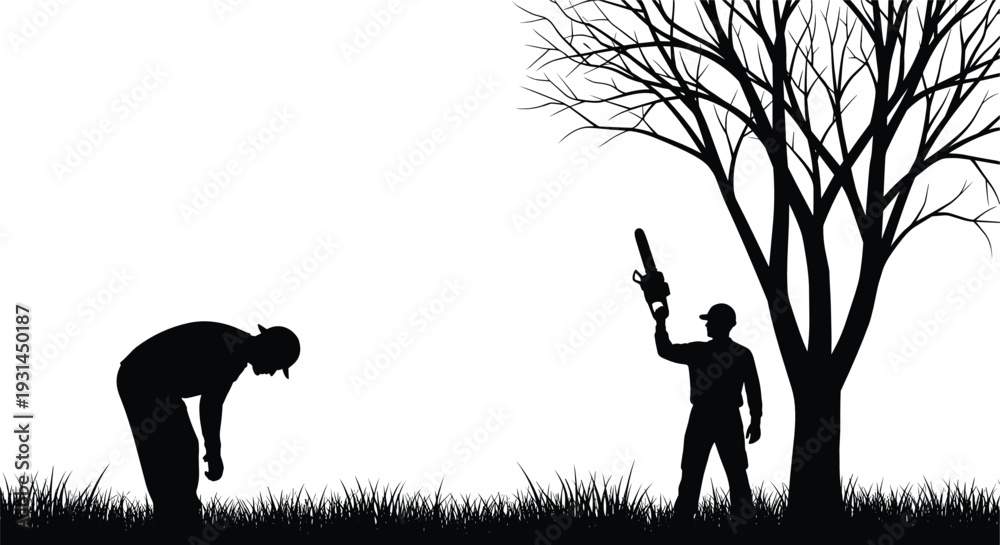 Obraz premium Hunter silhouette with rifle near tree and exhausted man in grass isolated on white background vector illustration