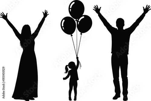 Happy family silhouettes with child holding balloons isolated on white background celebration vector illustration