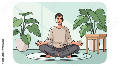 Man Meditating in Lotus Pose at Home Surrounded by Green Indoor Plants
